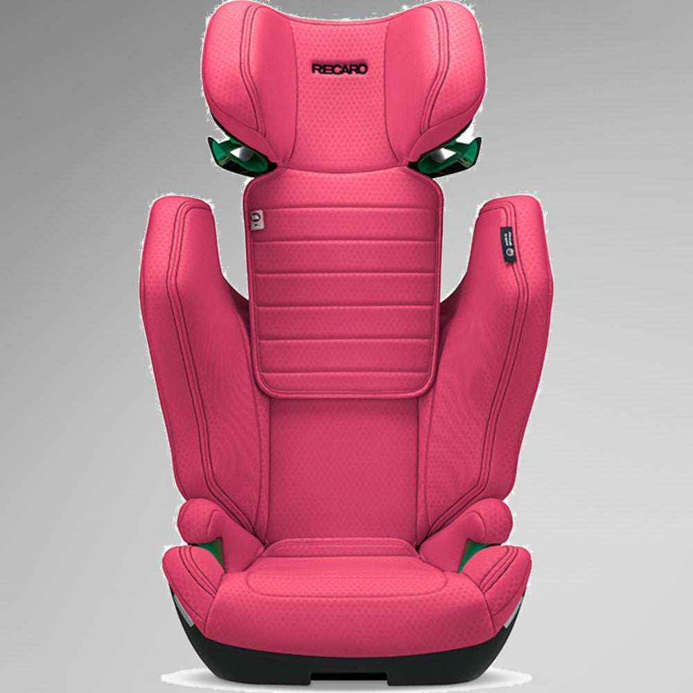 Recaro Axion 1 Wow Pink autostol set forfra, rød/pink polstring med grøn detalje