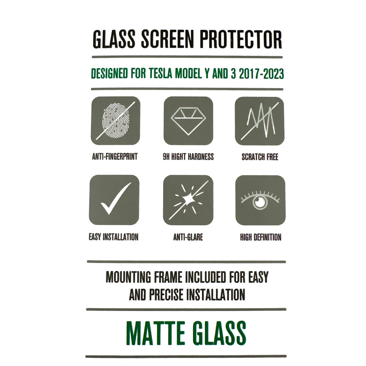 Beskrivelse af GCG MAX skærmbeskytter til Tesla Model 3/Y med matte glas.