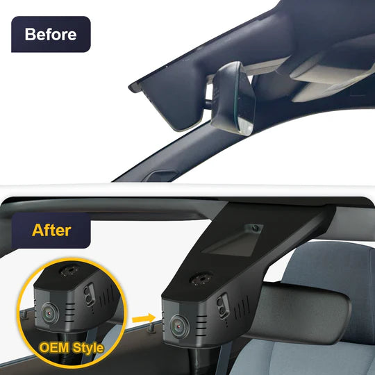 Før- og efterbillede af FitCamX Dashcam installeret i en Peugeot e-208 2020-2025 ved bakspejlet.