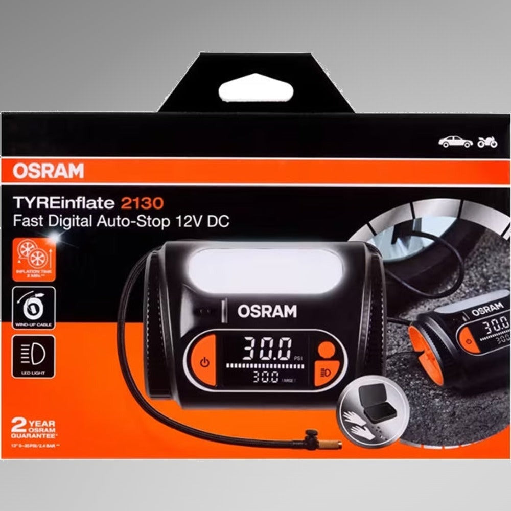 Osram TYREinflate 2130 emballage med produktbillede og funktionsikoner