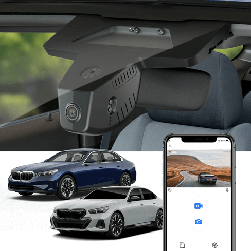 FitCamX dashcam til BMW i5 2024 (G60) med smartphone-app og to biler.
