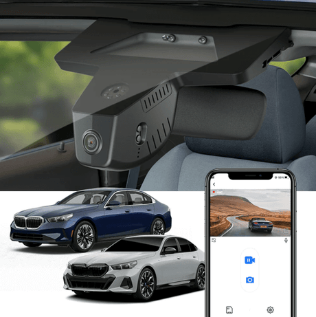FitCamX dashcam til BMW i5 2024 (G60) med smartphone-app og to biler.