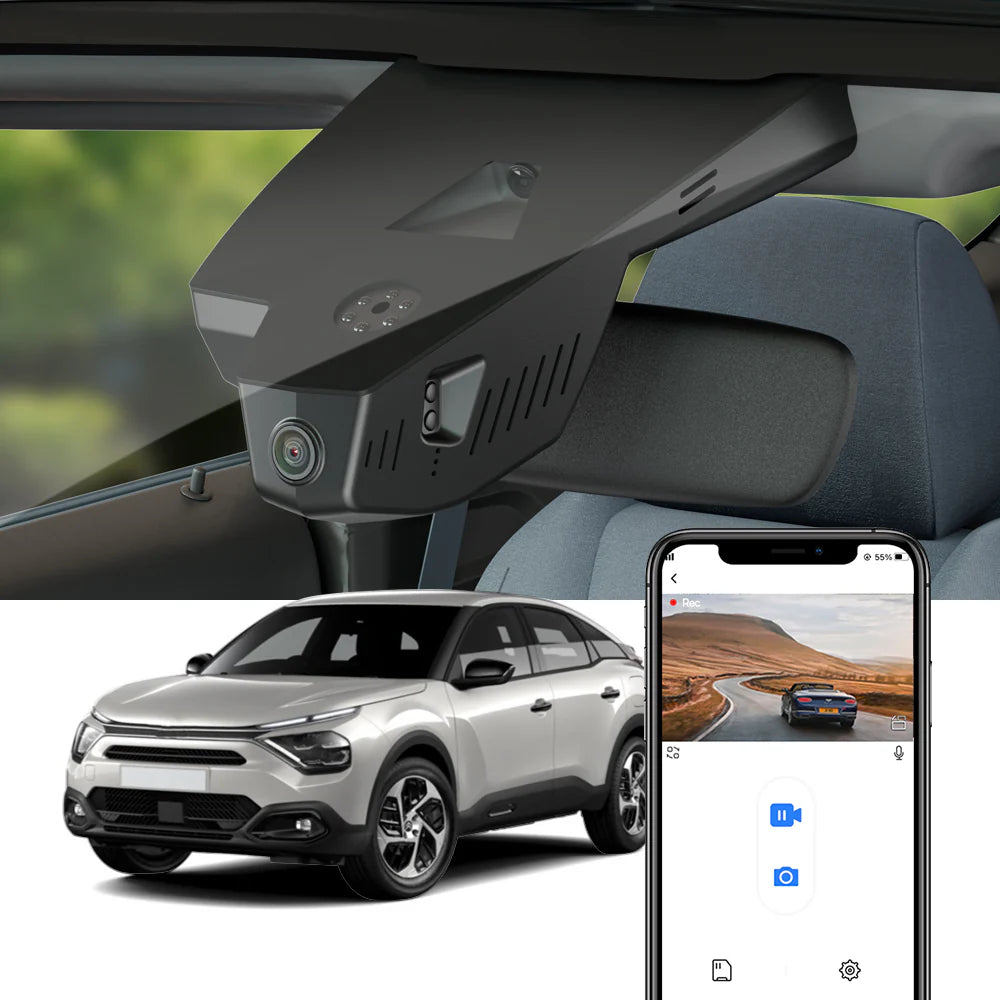 FitCamX Dashcam monteret i Citroen e-C4 2021-2024, vist sammen med live visning på smartphone.