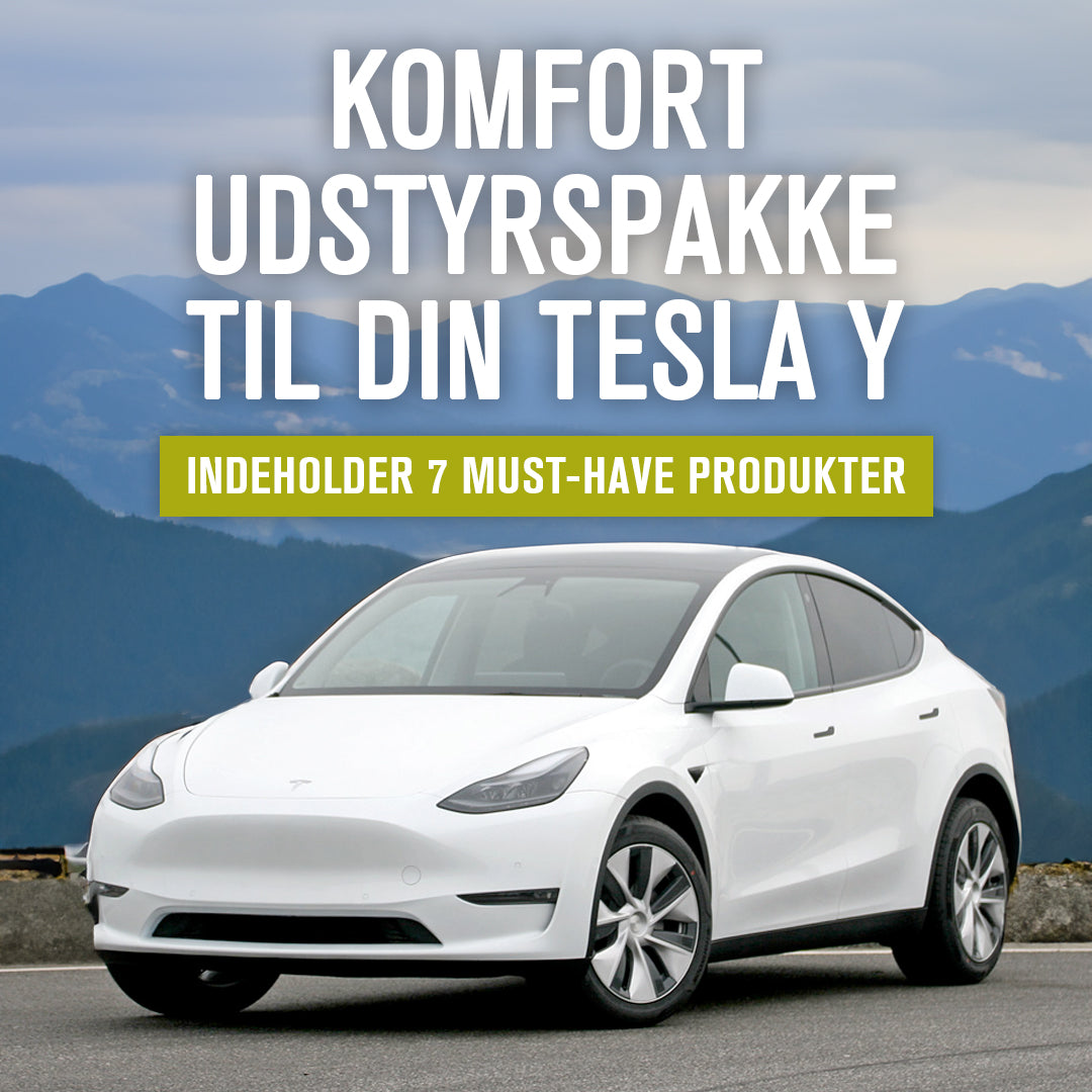 Hvid Tesla Model Y med teksten "Komfort Udstyrspakke Til Din Tesla Y"