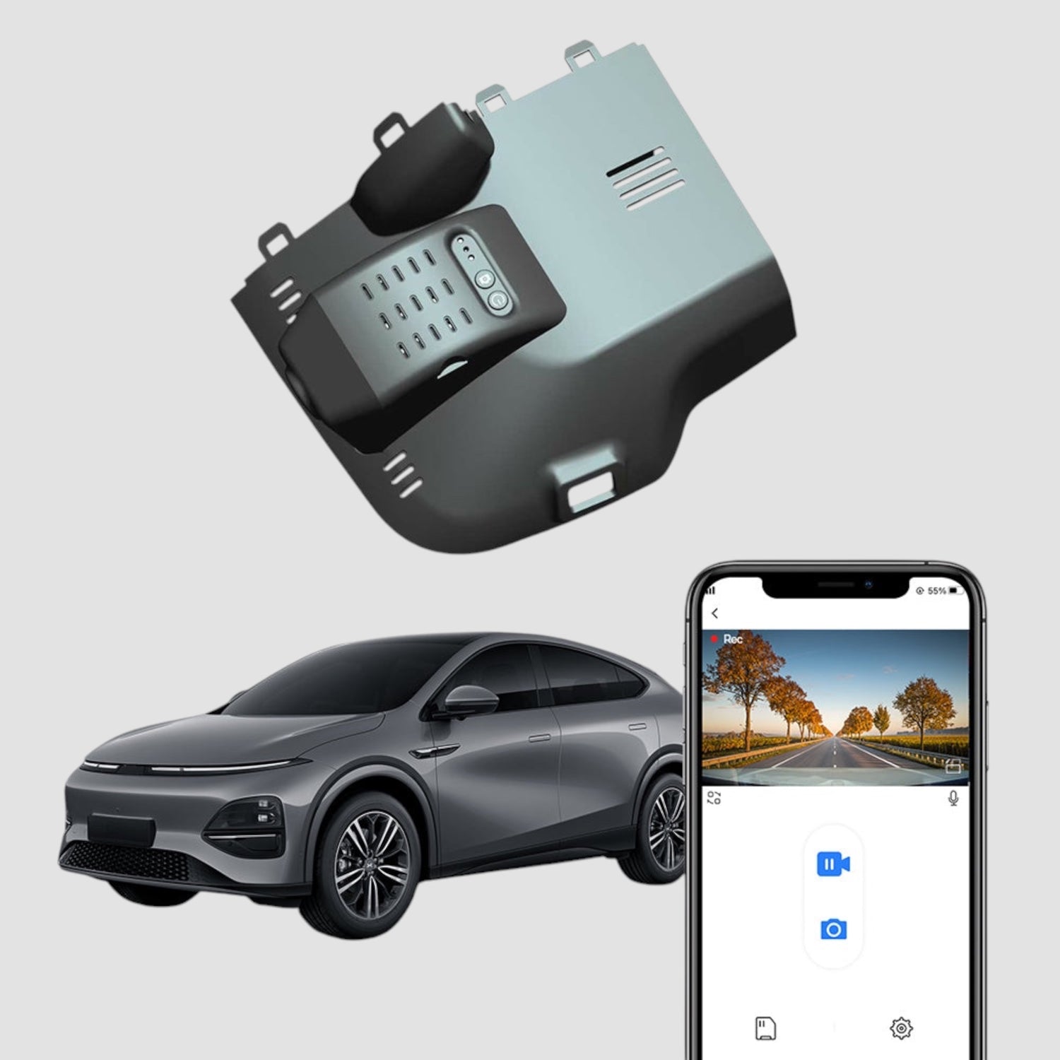 FitCamX dashcam til XPENG G6 2022-2025, vist med live app-forbindelse.
