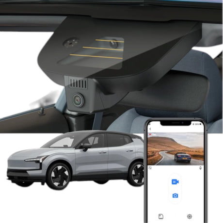 FitCamX Dashcam til Volvo EX30 2024, med app-visning og bilmodel.