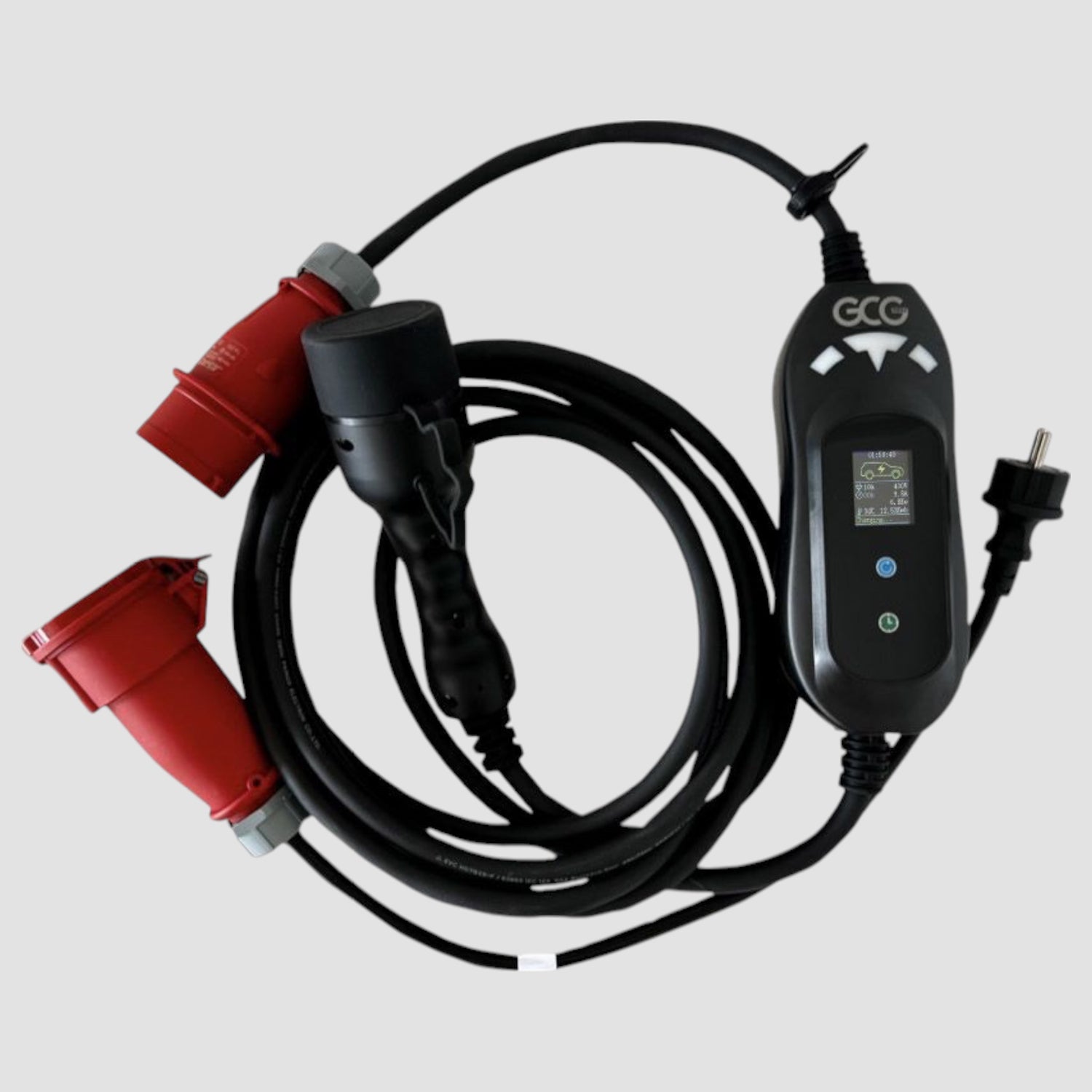 Elbil opladerkabel med Type 2 stik, kontrolboks og røde CEE-industri-stik