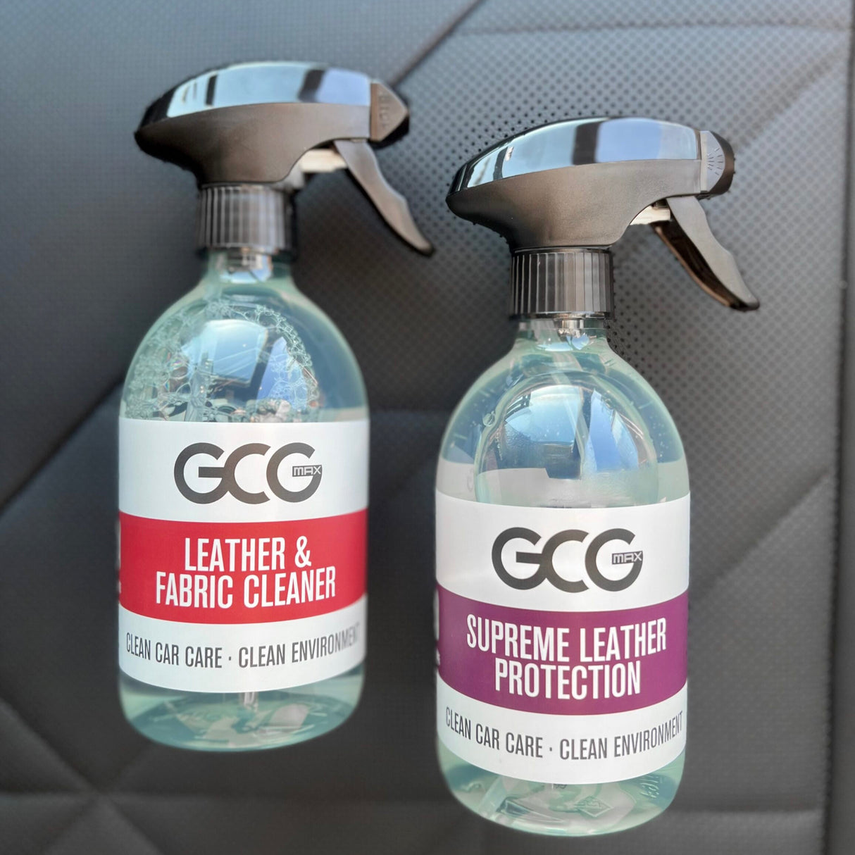 GCG MAX sædepleje sæt med Leather & Fabric Cleaner og Supreme Leather Protection.