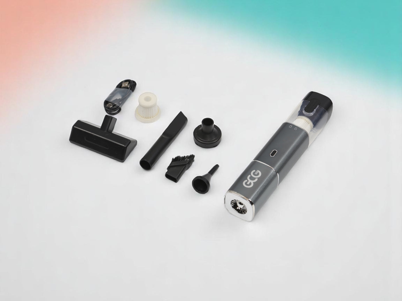 GCG MAX TurboClean støvsuger med tilbehør på hvid baggrund