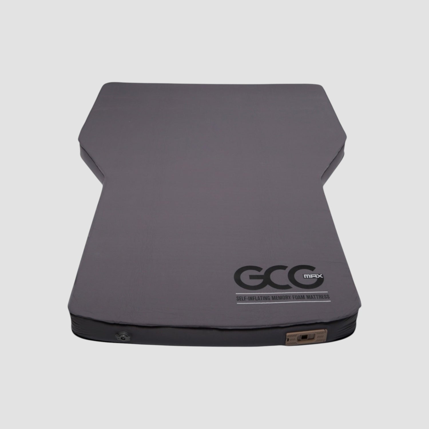 GCG MAX Komfort luftmadras med memory foam i grå, vist fra oven på hvid baggrund.