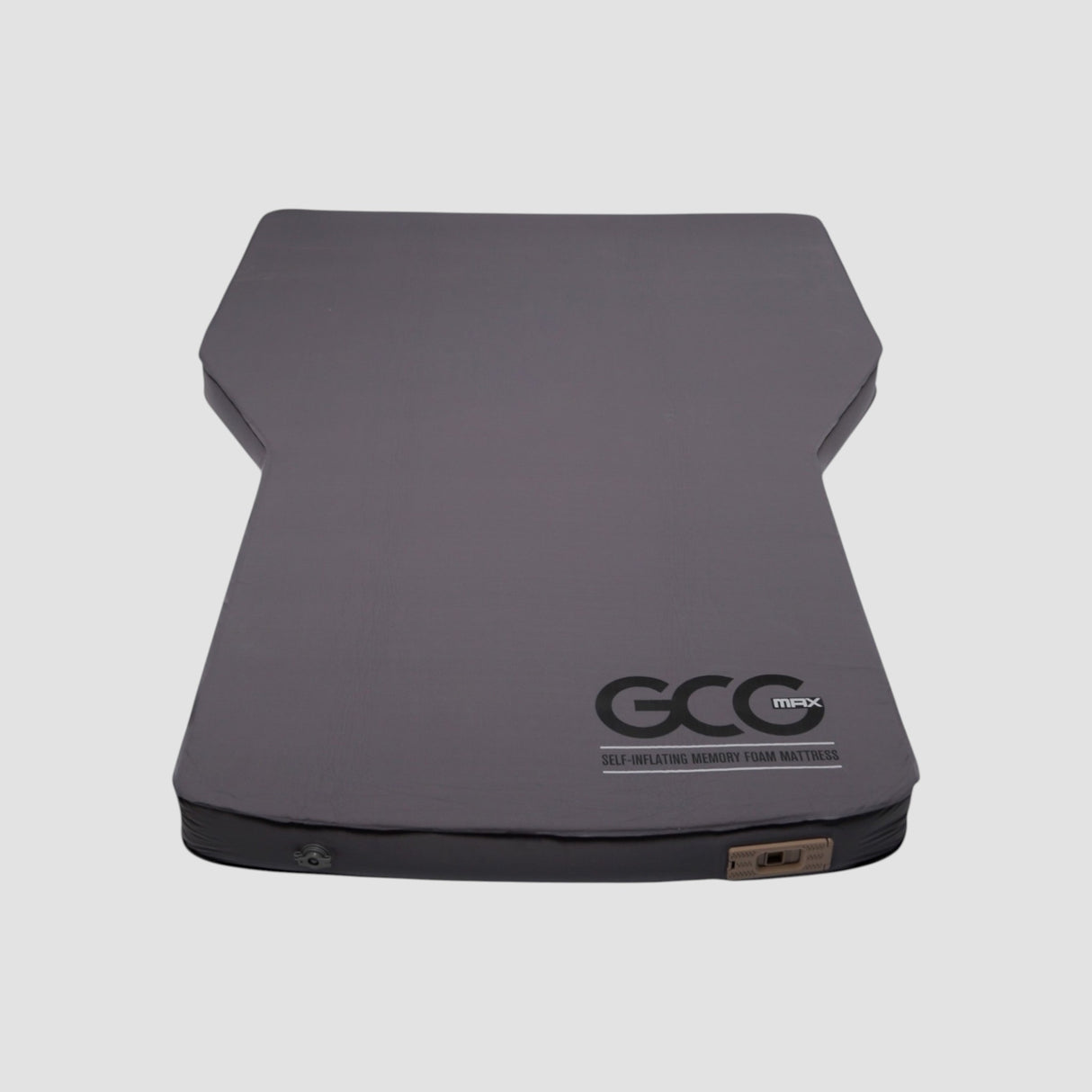 GCG MAX Komfort luftmadras med memory foam i grå, vist fra oven på hvid baggrund.