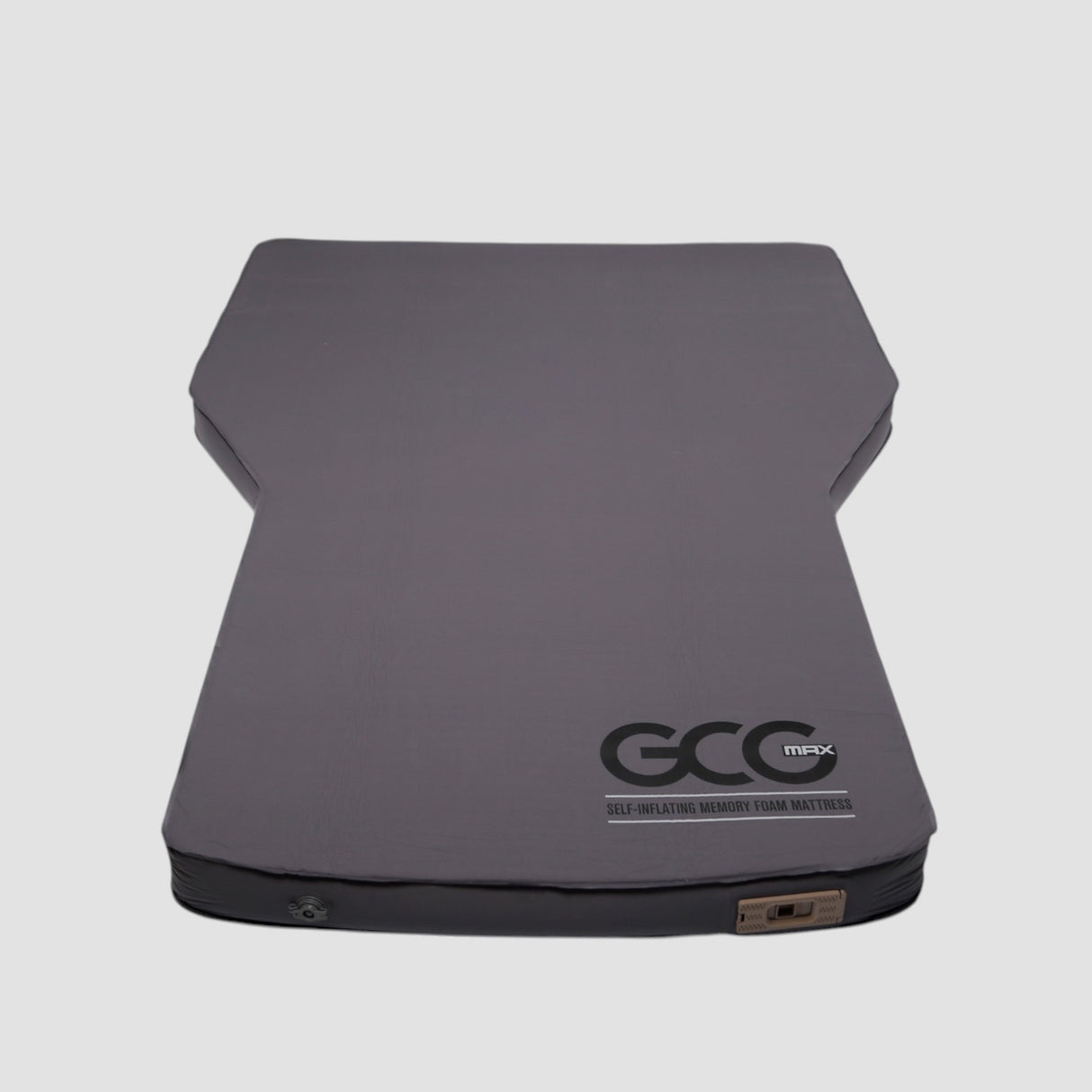 GCG MAX Premium luftmadras med memory foam i grå, vist fra oven på hvid baggrund.
