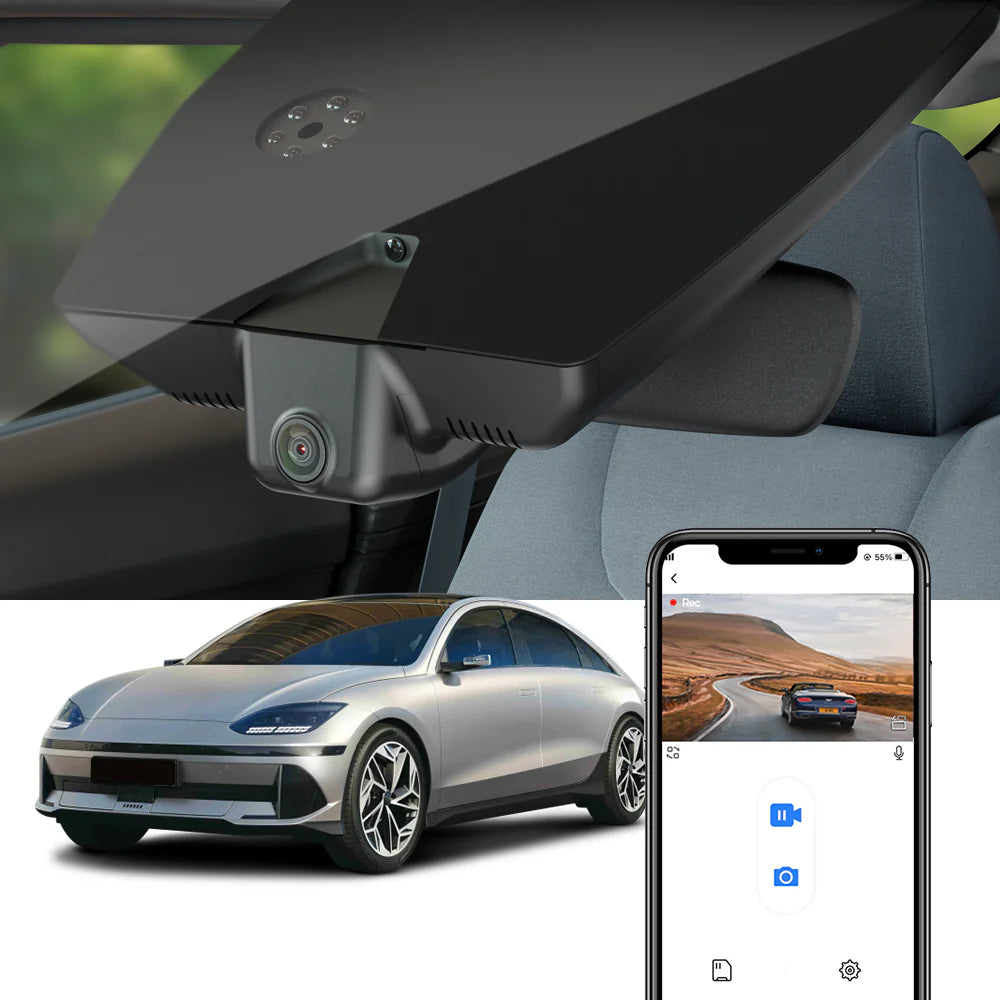 FitCamX dashcam til Hyundai IONIQ 6 2023-2025, vist med app-funktioner.