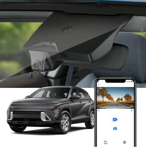 FitCamX dashcam til Hyundai Kona, vist med app-forbindelse og bilmodel.