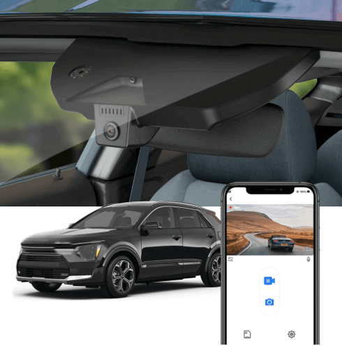FitCamX dashcam monteret i Hyundai Niro, med live video vist på smartphone.