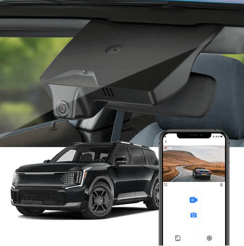 FitCamX dashcam til Kia EV9, diskret monteret med live visning på smartphone.