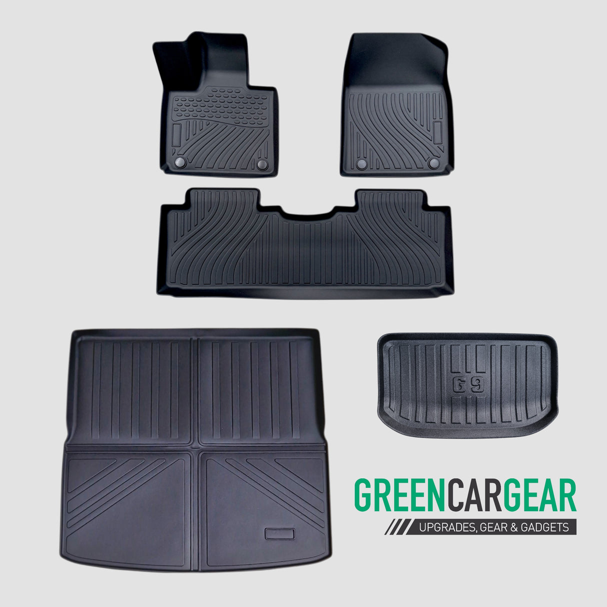 Billede af komplet måttesæt til XPENG G9, bestående af kabinesæt, bagagerumsmåtte og frunkmåtte.