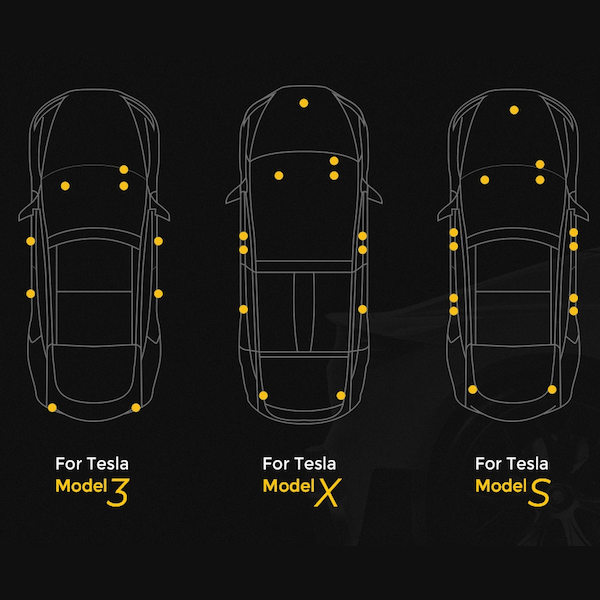 Diagram med set-oppefra-omrids af Tesla Model 3, X og S og gule prikker der markerer placeringen af LED-lysene