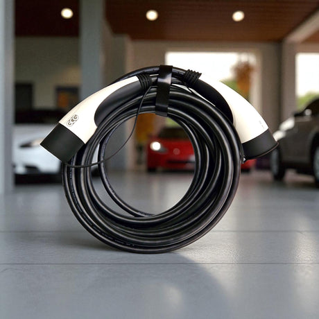 GCG MAX ladekabel Type 2 til elbiler, rullet sammen på flisegulv.