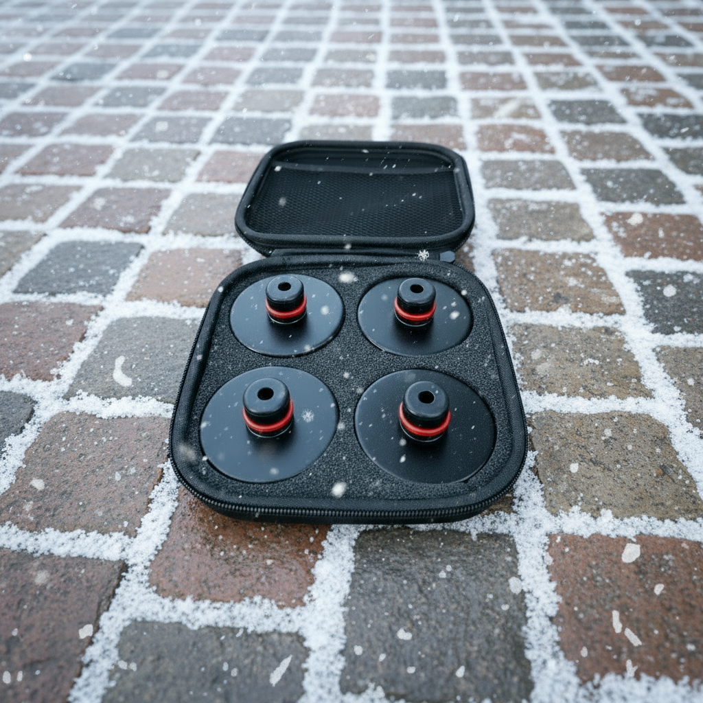 4 x sorte løfteklodser til Tesla i en sort opbevaringstaske.