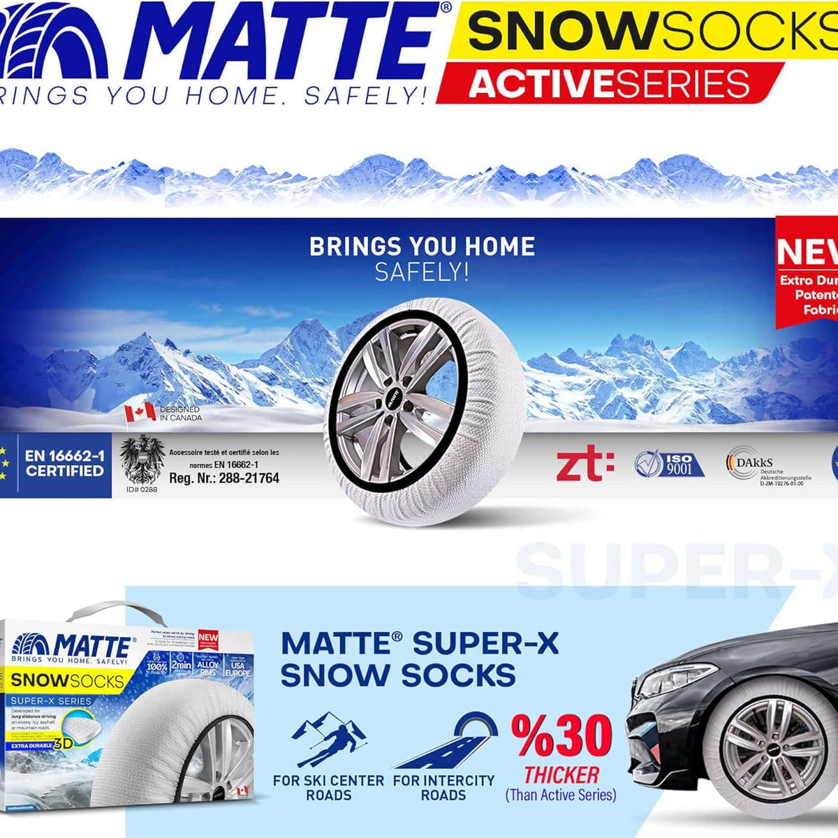 Matte Super-X snesokker til biler med logo og tekniske specifikationer.