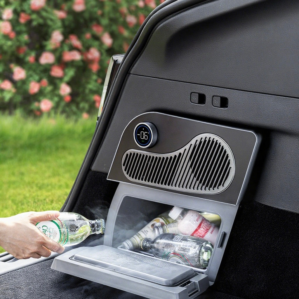 Køleskab til Tesla Model Y i bagagerum, fyldt med kolde drikkevarer, set udendørs.