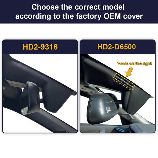 Vælg FitCamX Dashcam model til Peugeot e-208 2020-2025 ud fra bilens originale spejldæksel.