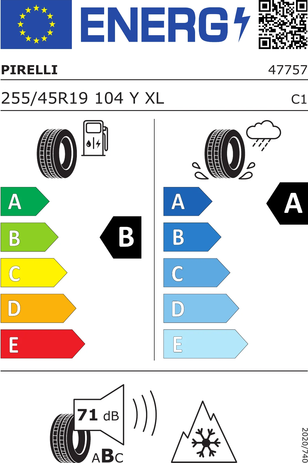 EU-dækmærke for Pirelli Cinturato All Season SF3 255/45 R19 104Y XL til Tesla Model Y – vådgreb klasse A, 71 dB