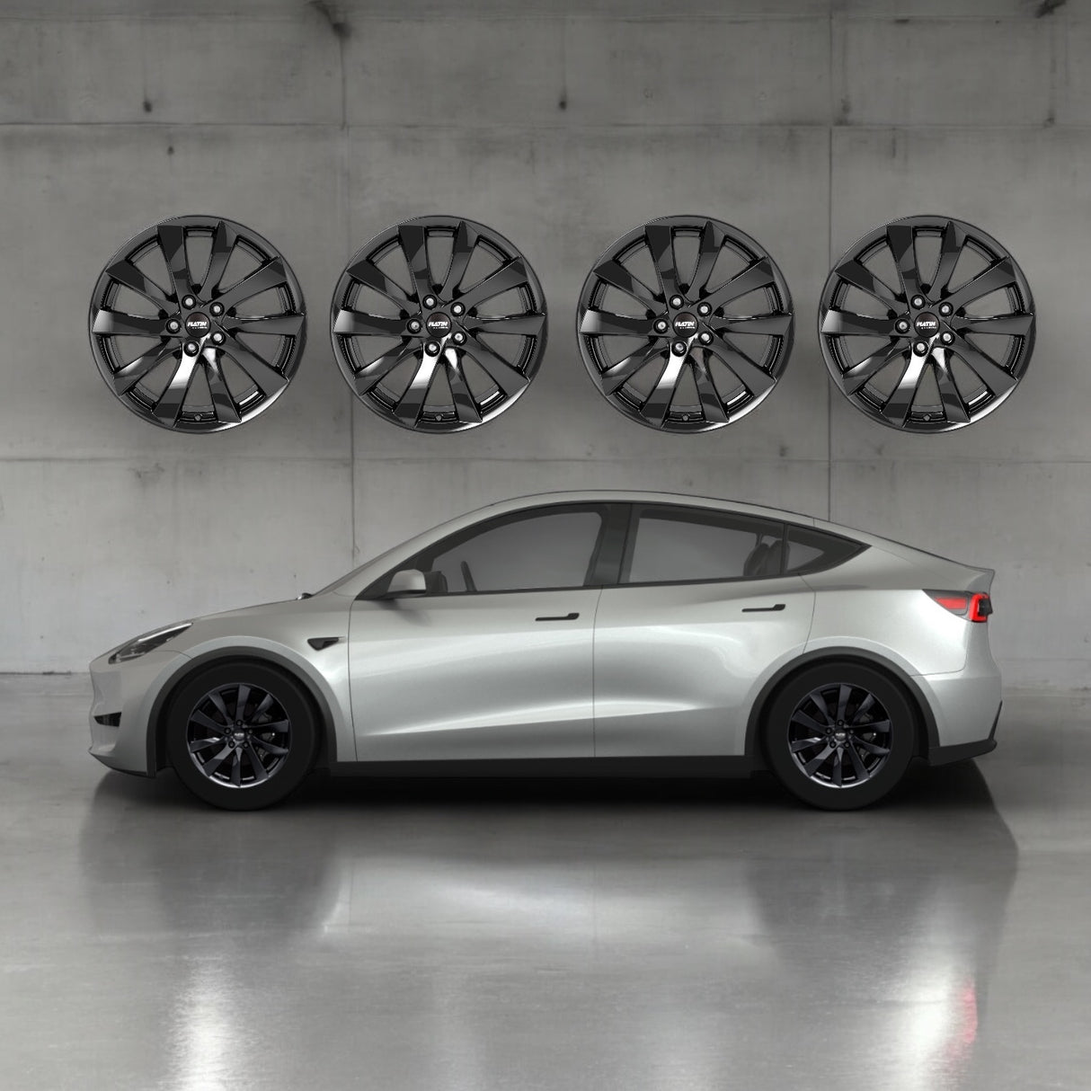 Platin P106 sommerfælge til Tesla Model Y monteret med dæk i blank sort.
