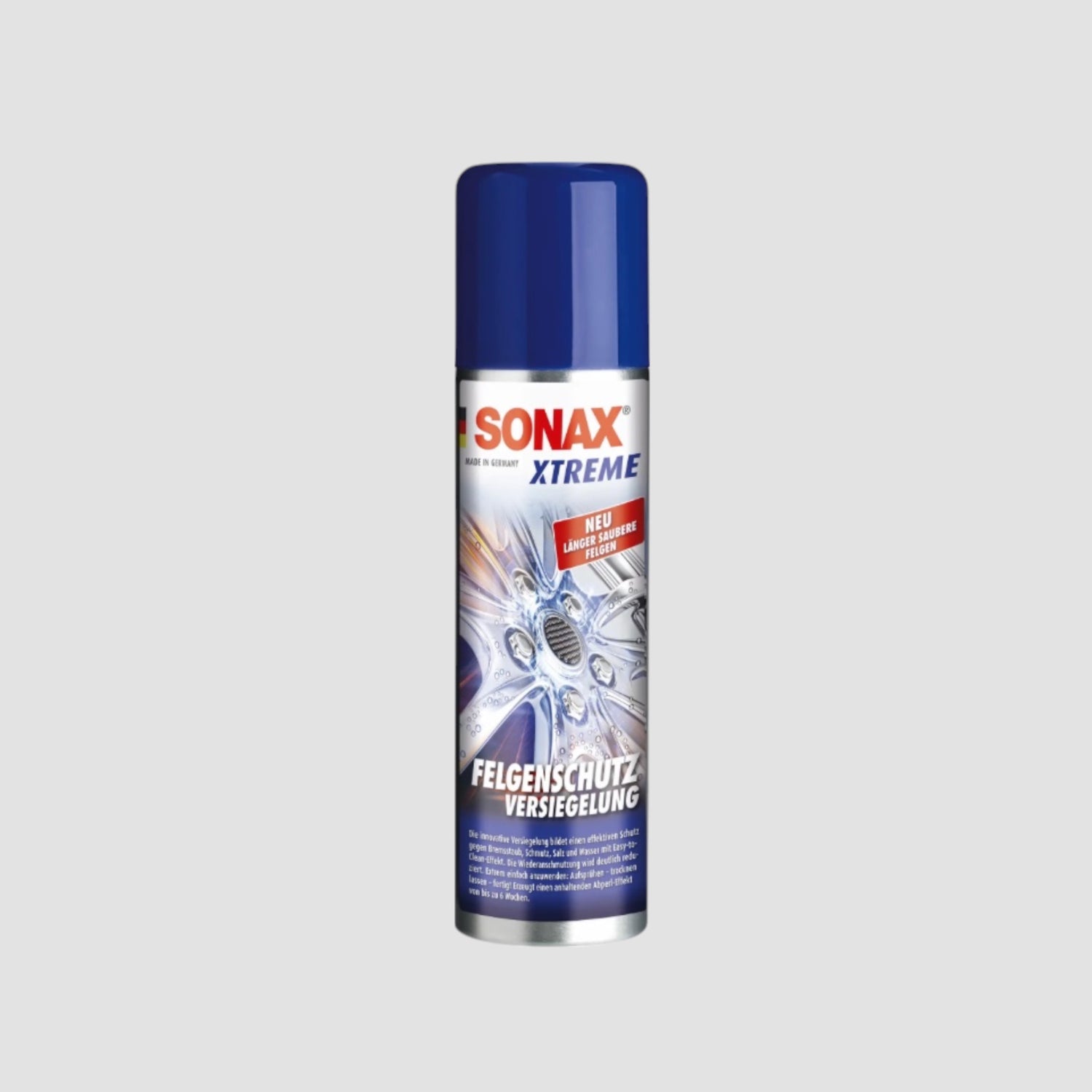 Sonax Xtreme fælgforsegler i blå sprayflaske til bilpleje.