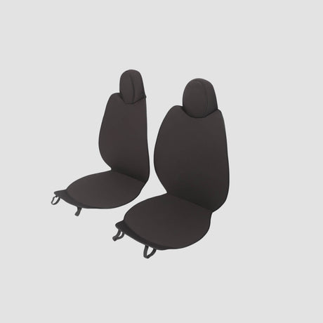 Sorte sædeovertræk til forsæder i Tesla Model 3 og Model Y, vist på en lys baggrund.