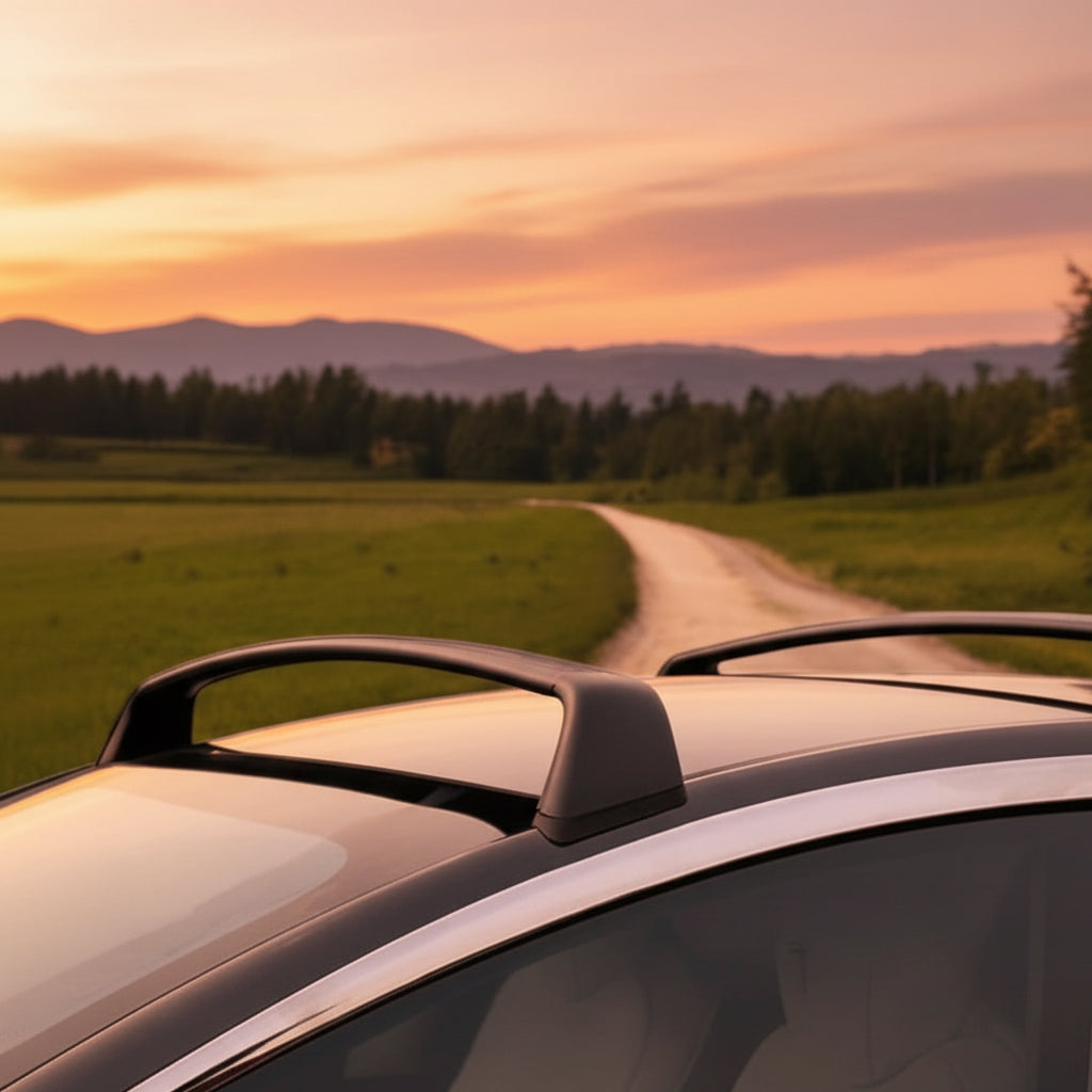 Tagbøjler til Tesla Model 3/Y, vist på bil med grønt landskab.