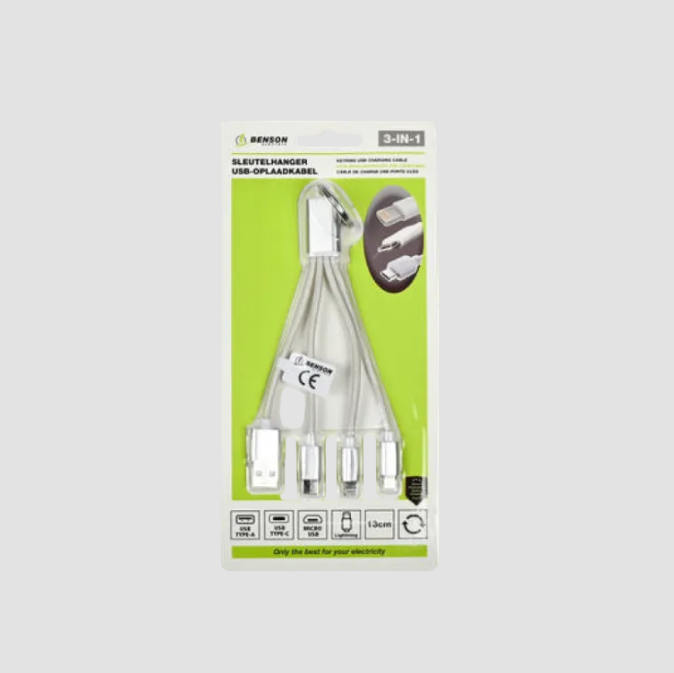 nøglering med flere usb udgange pakket ind i grøn emballage.