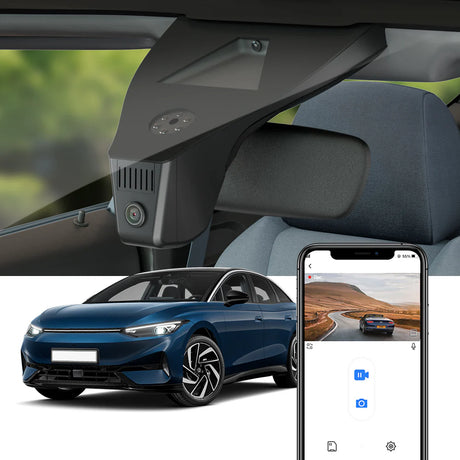 FitCamX dashcam til Volkswagen ID.7, vist med app-forbindelse og bil.