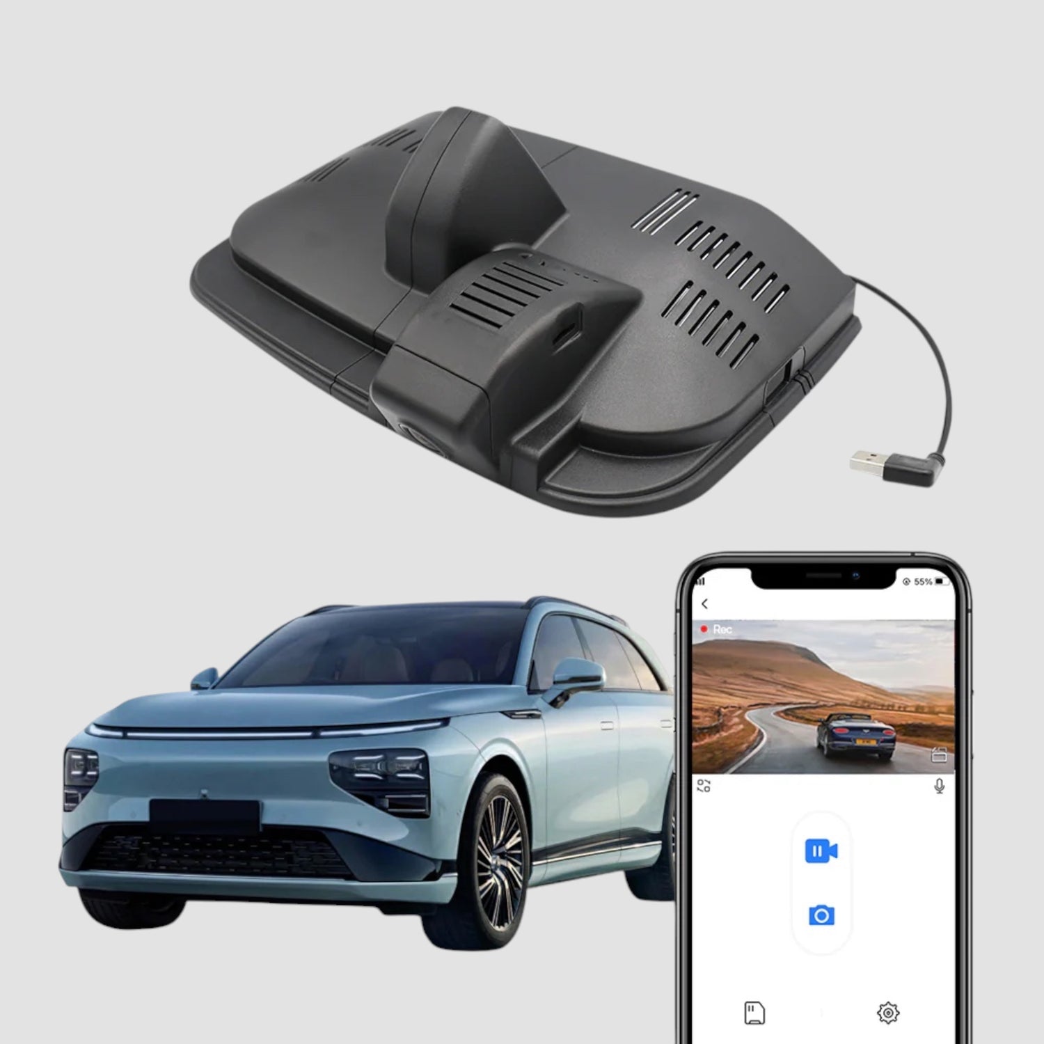 FitCamX dashcam til XPENG G9, vist med bil og smartphone-app til optagelse.