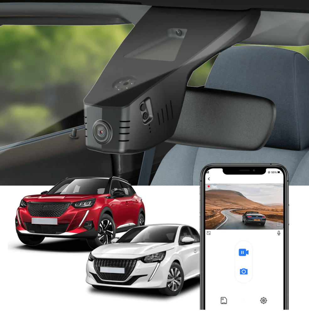 FitCamX dashcam til Peugeot e-2008 monteret i bil, med app på telefon.