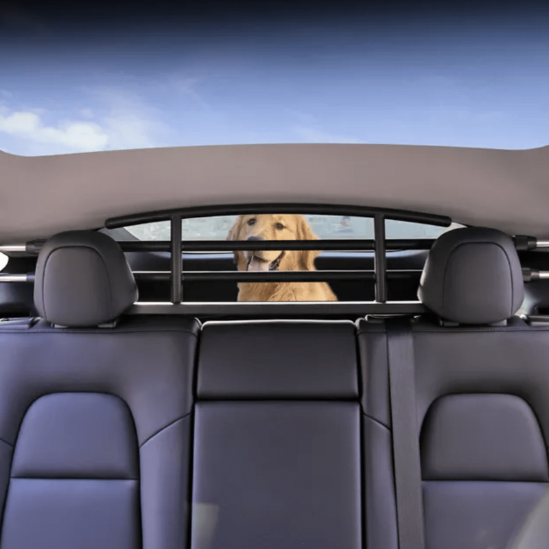 Hundegitter i Tesla Model Y med en glad hund i bagagerummet.