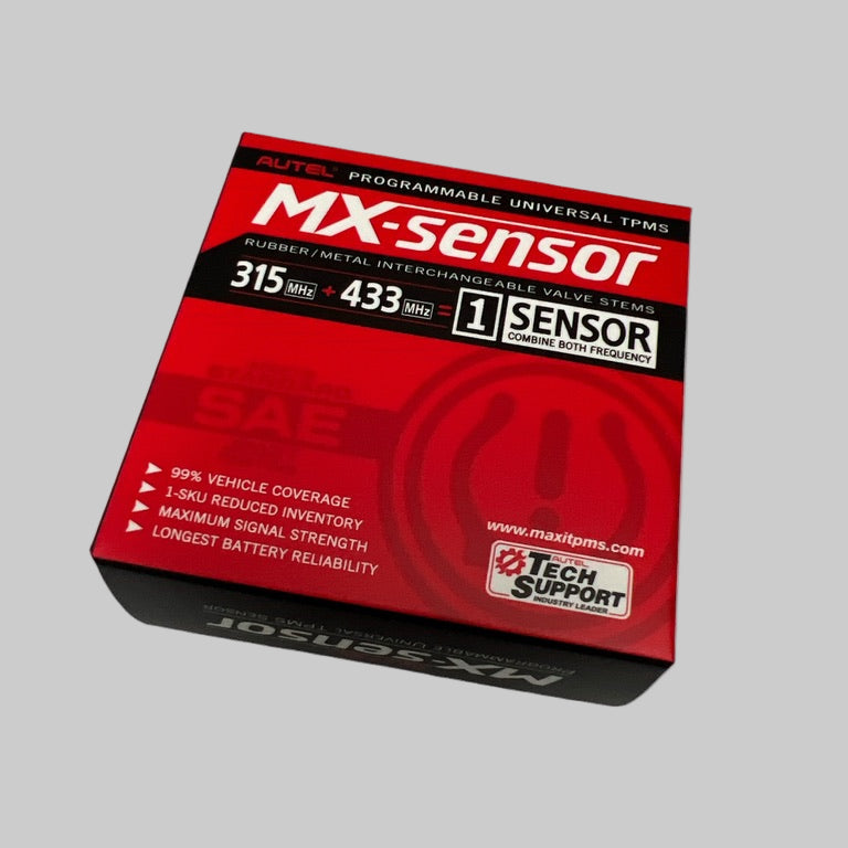 MX-sensor pakket ind i en rød kasse. Kassen fortæller om sensorens funktioner.