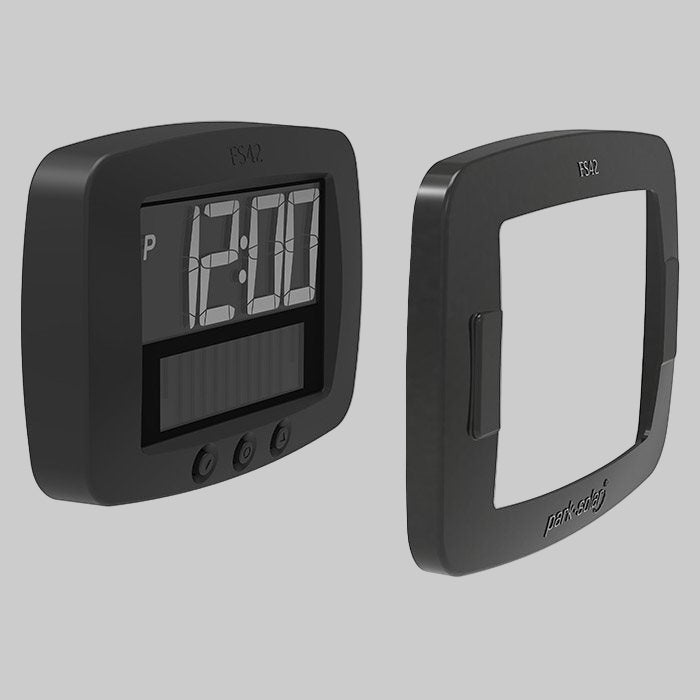 park solar fs42 med rammen der bruges til at montere parkeringsskiven.