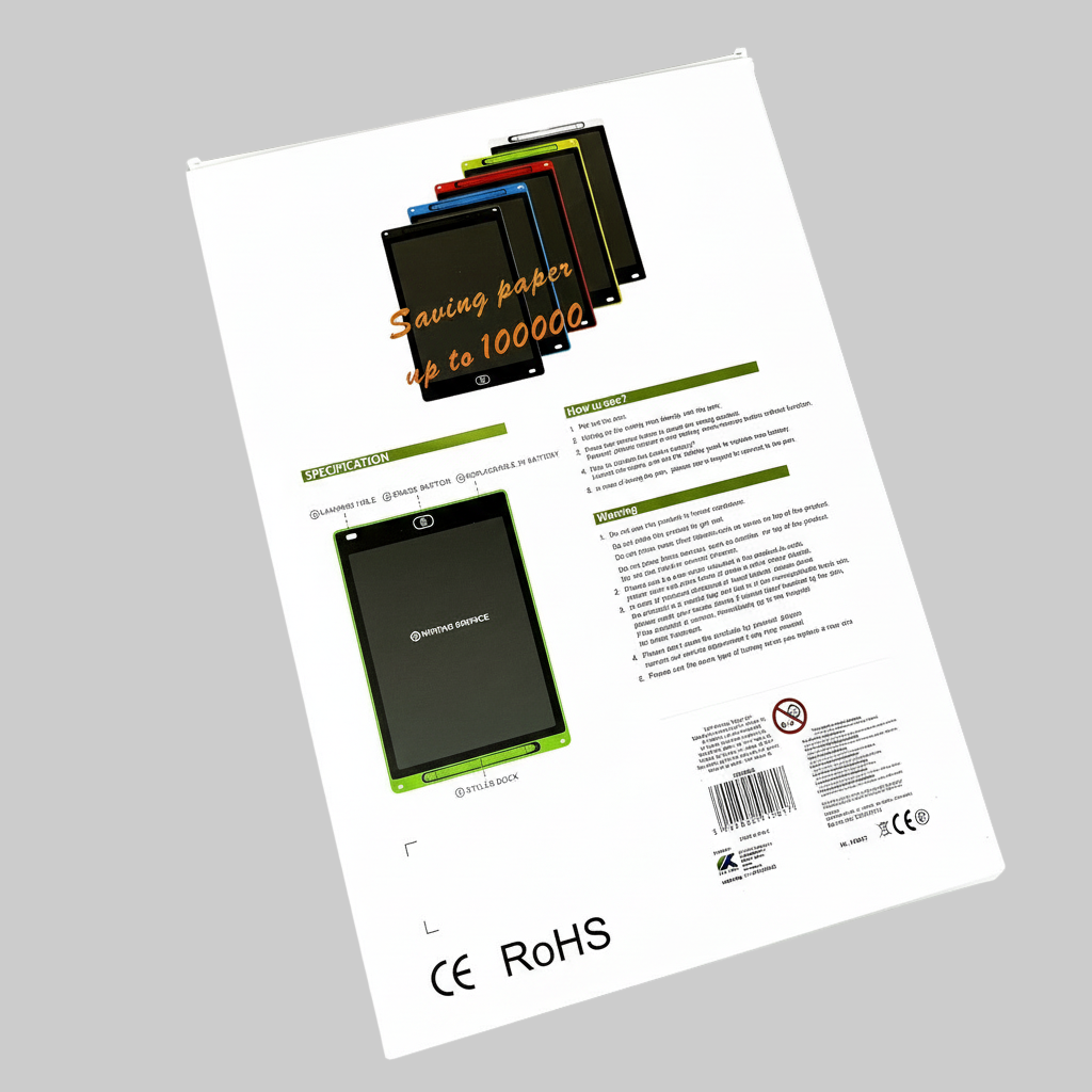 bagsiden af tegnetavlens indpakning. der vises en masse forskellige varianter med forskellige farver.