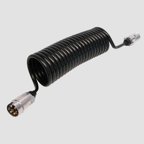Spiralkabel 7-polet 1500mm med hanstik i begge ender, produktbillede på grå baggrund