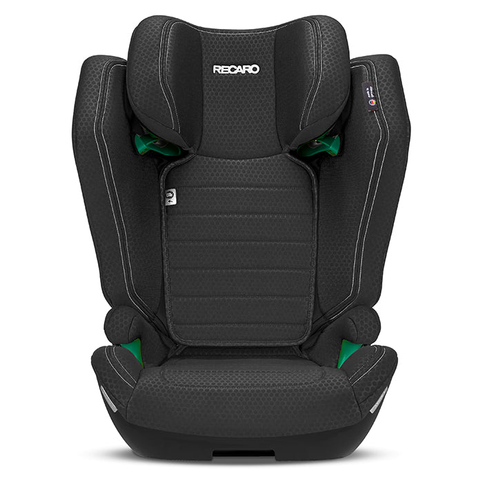 Recaro Axion 1 autostol i sort, set forfra med synlige seler og RECARO-logo