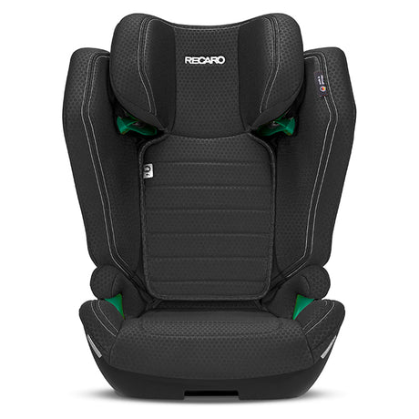 Recaro Axion 1 autostol i sort, set forfra med synlige seler og RECARO-logo