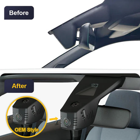 Før- og efterbillede af FitCamX Dashcam installeret i en Peugeot e-208 2020-2025 ved bakspejlet.