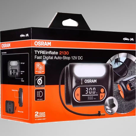 Osram TYREinflate 2130 emballage set forfra i vinklet perspektiv med funktionsikoner