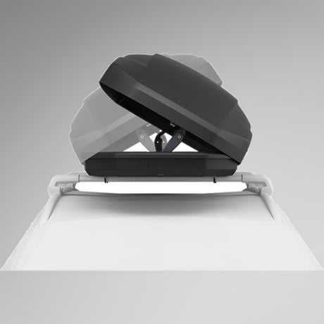Thule Pulse 2 XL Black Aeroskin sort tagboks med åbent låg monteret på tagbøjler, illustration
