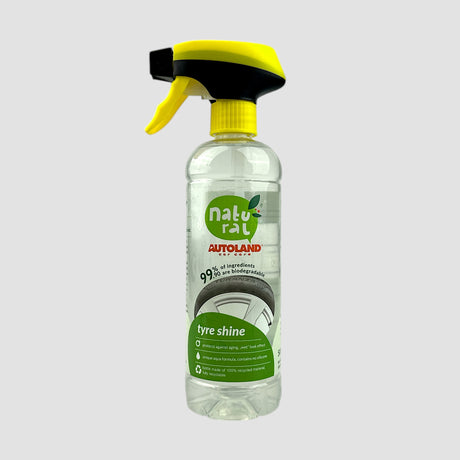 Autoland dækglans sprayflaske med gul sort forstøver, produkt til rengøring og glans af bildæk.