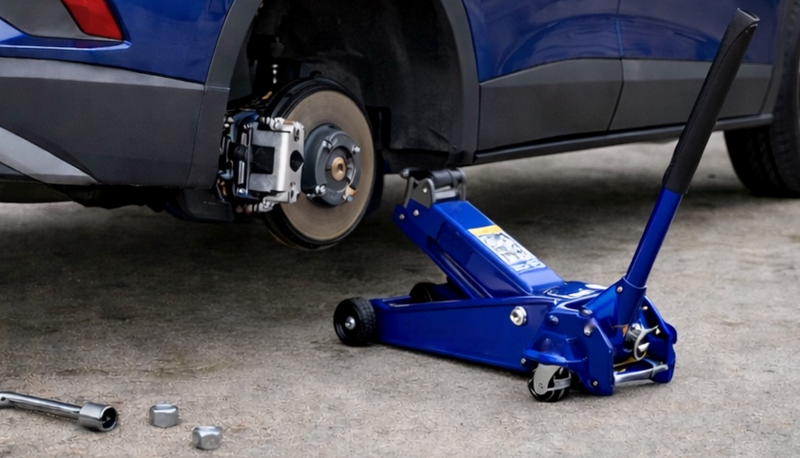 Blå donkraft som løfter en blå bil