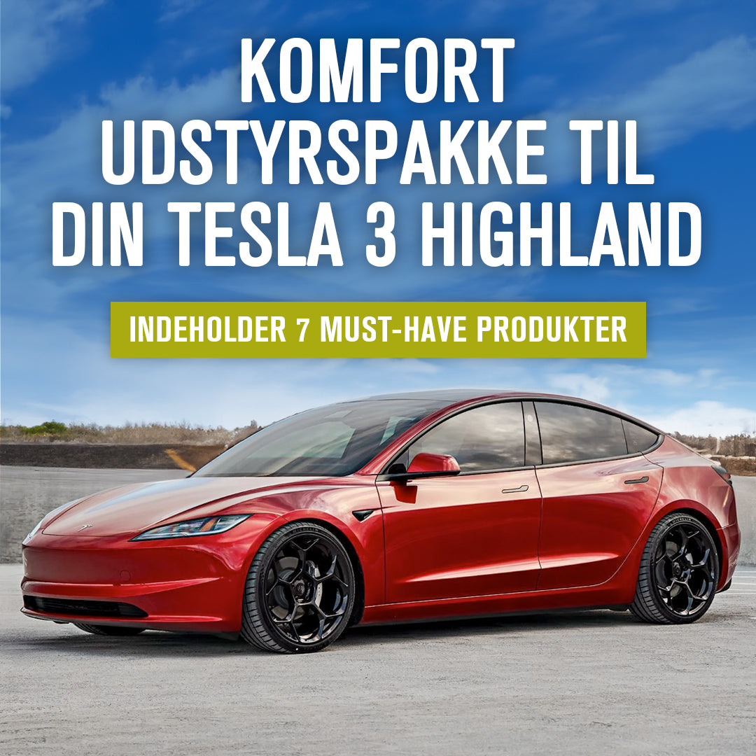 Komfort udstyrspakke til Tesla Model 3 Highland, indeholder 7 must-have produkter.
