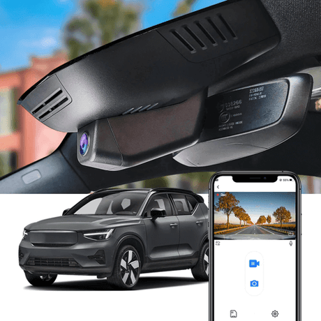 FitCamX Dash Cam installeret i Volvo EX40 2024-2025, visning af kamera og mobilapp-funktioner.